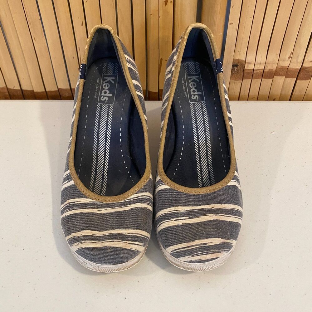 Keds Damsel Stripe Wedge Shoes Women’s 8.5 Blue Canvas Espadrille Heels